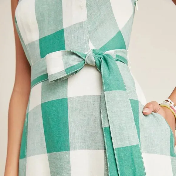 Anthropologie Maeve Greta Gingham Dress Sundress Size 4 Green and White Midi - Picture 3 of 13